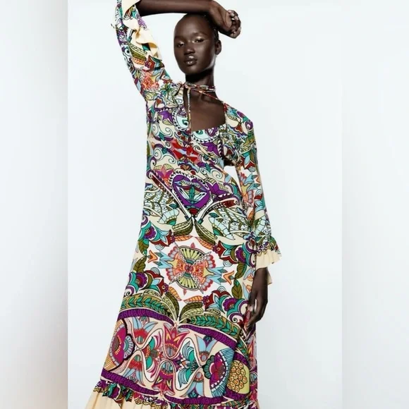Zara Bohemian ruffledPatterned Maxi Dress casual summer vacation